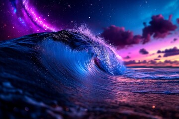 Wall Mural - Dramatic Ocean Wave Under a Purple and Blue Sunset Sky with Starry Night