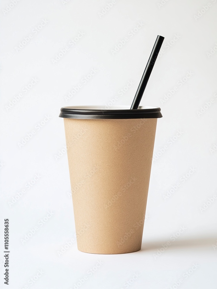 Empty brown paper cup, mug for cold drink with black straw. paper cup ...