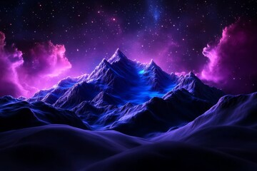 Wall Mural - Majestic Purple and Blue Mountain Peaks Under a Starry Night Sky with Cosmic Clouds