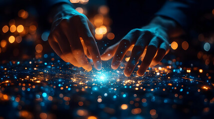 Exploring Digital Worlds: Hands Interact with Glowing Data Streams, Futuristic Technology