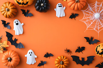 Wall Mural - Halloween holiday frame with party decorations from pumpkins, bats, spider web and ghosts top view. Happy halloween greeting card on orange background.