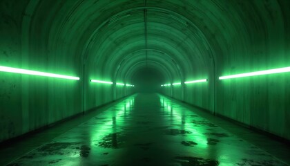 Poster - Empty futuristic tunnel with glowing green neon lights. Perspective view of dark wet concrete garage. Modern minimalist architecture. Empty space suitable for gaming tech. Grungy look. Ideal for