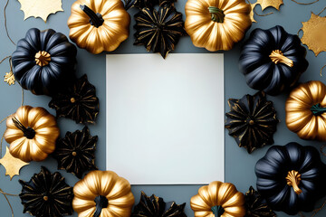Canvas Print - halloween party background with paper card and fashion black and gold pumpkins with party decoration