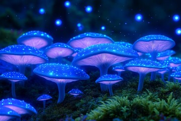 Wall Mural - Glowing Bioluminescent Mushrooms in a Mystical Forest at Night