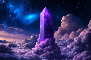 Wall Mural - Majestic Purple Crystal Towering Above Clouds with Starry Night Sky