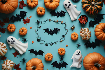 Canvas Print - halloween holiday frame with party decorations of pumpkins, bats, ghosts, spiders on blue background
