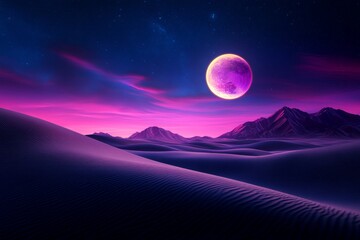 Wall Mural - Surreal Purple Desert Landscape with Full Moon and Vibrant Night Sky