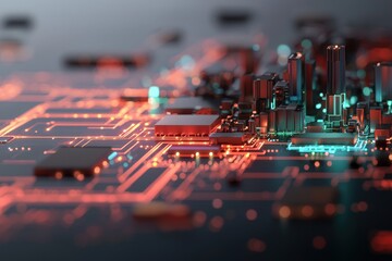 Wall Mural - futuristic digital cityscape with circuit patterns and neon lighting effects