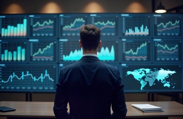 Leinwandbilder - Businessman reviews global KPI metrics on multiple screens. Analyzes sales data, business performance. Tech display shows charts of financial data, world map. Evaluation of company performance