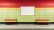 © Anna - Vibrant subway platform with bright tiled walls, wooden benches, and an empty advertising space, capturing urban minimalism.