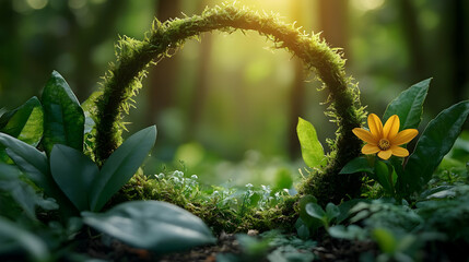 Poster - Moss Archway: Nature's Golden Flower Blooms Serenely in Sunlight