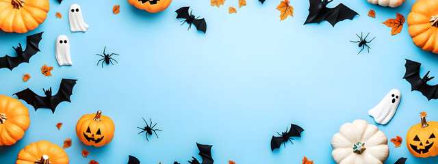 Canvas Print - halloween holiday background with party decorations of pumpkins, bats, ghosts, spiders on blue top v