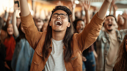 Excited young adult with long hair and glasses cheering enthusiastically in a crowded indoor event with arms raised amidst a joyful audience.