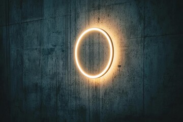 Aufkleber - A stark and modern circular neon light fixture emits a warm glow, mounted on a textured concrete wall, creating a minimalist and industrial aesthetic.