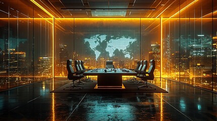 Poster - Futuristic Office with Transparent Walls and Holographic Market Trend Displays for Business Vision and Strategy Discussions