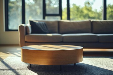 Poster - A cozy living room setting with a round wooden coffee table at the center, paired with a neutral-toned couch, exuding warmth and inviting relaxation.