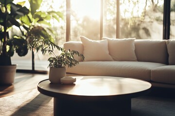 Aufkleber - A cozy living room featuring a plush sofa bathed in warm sunlight, complemented by vibrant green plants, creating a tranquil and inviting ambiance.