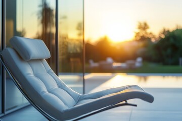 Poster - A sleek modern lounge chair positioned by a large window, capturing a beautiful sunset in the background, conveying relaxation and serenity in a minimalist setting.