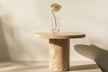 Aufkleber - A delicate flower elegantly positioned in a slender glass vase atop a robust stone table, casting subtle shadows and creating an atmosphere of elegance and sophistication.