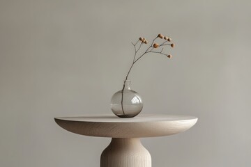 Aufkleber - A simple, clear vase containing a dried branch with small buds sits atop a light wooden table, evoking a sense of minimalism and natural beauty in the decor.