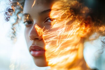 Aufkleber - A face partially illuminated by warm, abstract patterns, creating a stunning contrast that emphasizes nuanced expressions and emotions within a dynamic presentation.