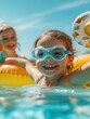 © Viktor - Happy young girl enjoys sunny day poolside. Wears swimming goggles, inflatable ring. Closeup shot shows child smiling joyfully. Girl floats relaxed in crystal clear water. Another child nearby also