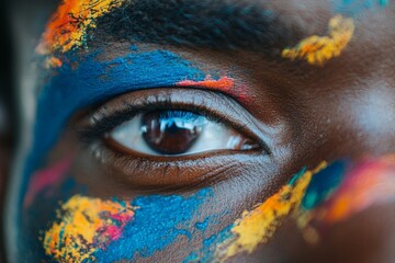 Poster - An intense brown eye set against an artistic explosion of blue and yellow paint, showcasing a vivid and dynamic interplay of colors reflecting strength and creativity.