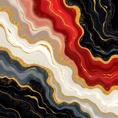 Poster - Abstract illustration with gold accents. Wavy lines create marble pattern in shades of red white black, grey. Fluid design with luxury feel. Modern art piece. Dynamic combination of colours,