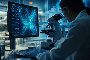 Aufkleber - A person in a lab coat reviews data on a monitor beside a microscope, illustrating active scientific research, data analysis, and technological engagement in a lab.