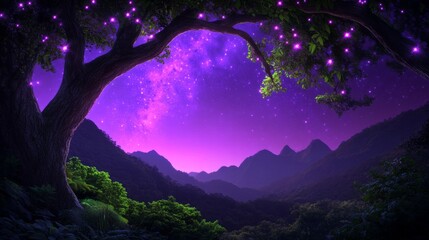 Wall Mural - enchanted forest with glowing purple trees and starry night sky in mountainous landscape