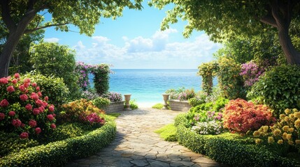 Lovely green garden by the sea with bush flowers and neatly trimmed hedges background wallpaper AI generated image