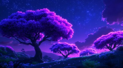 Wall Mural - purple trees under starry night sky