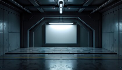Poster - Futuristic garage interior with empty billboard. Dark hall with modern design. Underground station mockup for poster display advertising. Industrial style, empty screen for digital ads. City concept