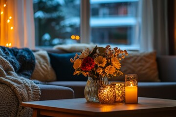 Poster - Cozy Living Room With Flowers And Candles