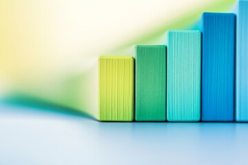 Leinwandbilder - Vibrant green and blue hues in a stack of wooden blocks set against a blurred background, creating an abstract modern art piece displaying balance and harmony.