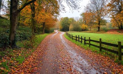 Aufkleber - Autumn Pathway Covered in Leaves in Serene Countryside Setting : Generative AI
