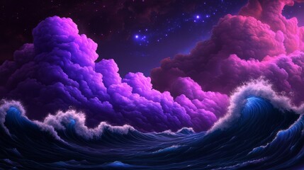 Wall Mural - dramatic night sky over ocean waves with purple clouds
