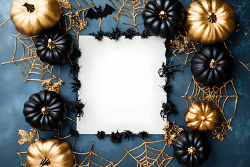 Canvas Print - halloween party background with paper card and fashion black and gold pumpkins with party decoration