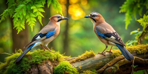 Wall Mural - Aerial View of Eurasian Jay and European Jay Perched on Tree Trunk in Forest, Capturing the Beauty of Garrulus Glandarius in Flight Amidst Lush Greenery