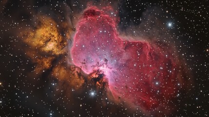 Wall Mural - bright nebula illuminated in red, pink and orange, surrounded by twinkling stars space view backgrou