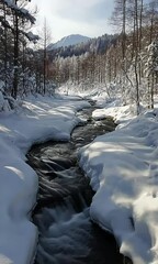 Wall Mural - A serene winter landscape featuring a flowing stream surrounded by snow-covered banks and trees, evoking tranquility and natural beauty.