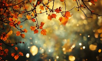 Aufkleber - Closeup of Vibrant Autumn Leaves on Tree Branch Against Glowing Light Bokeh : Generative AI