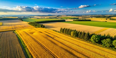 Wall Mural - Aerial View of Golden Summer Wheat Fields Under a Clear Blue Sky with Lush Green Surroundings Capturing the Essence of Agriculture and Nature in Full Bloom