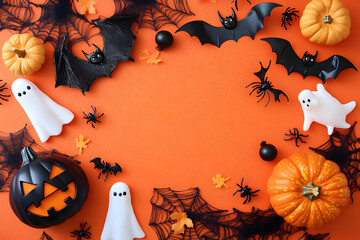 Wall Mural - Halloween holiday frame with party decorations from pumpkins, bats, spider web and ghosts top view. Happy halloween greeting card on orange background.