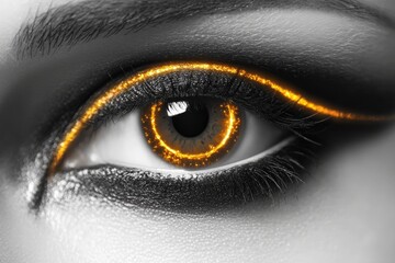 Aufkleber - Close-up of a human eye with futuristic digital elements, featuring a vibrant orange and black palette, evoking themes of technology and innovation.