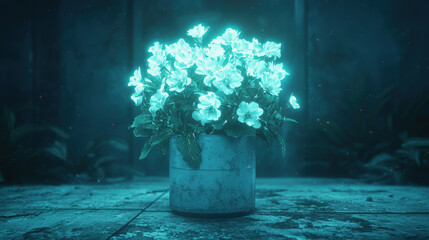 Wall Mural - glowing bouquet of flowers in metallic pot, surrounded by mystical atmosphere. vibrant colors and ethereal light create serene and enchanting scene