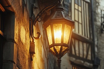 Poster - A beautifully crafted antique-style lantern affixed to a stone wall, casting a warm, inviting glow. Its design evokes historical charm and timeless elegance.