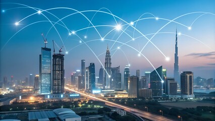 modern city with communication network online  | city skyline at night