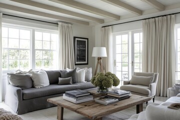 Sticker - Tranquil Living Room With Gray Sofa And Wooden Coffee Table