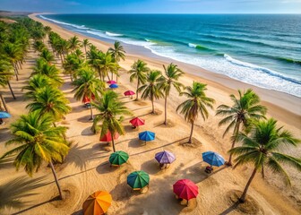 Sticker - Aerial View of Lush Palm Trees and Colorful Umbrellas at Miragens Beach in Namibe, Angola, Showcasing the Serenity and Beauty of Coastal Landscapes